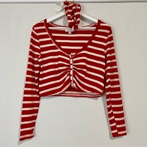 Colsie Women’s Cropped Long Sleeve Shirt & Headband Red & White Size Large NWT